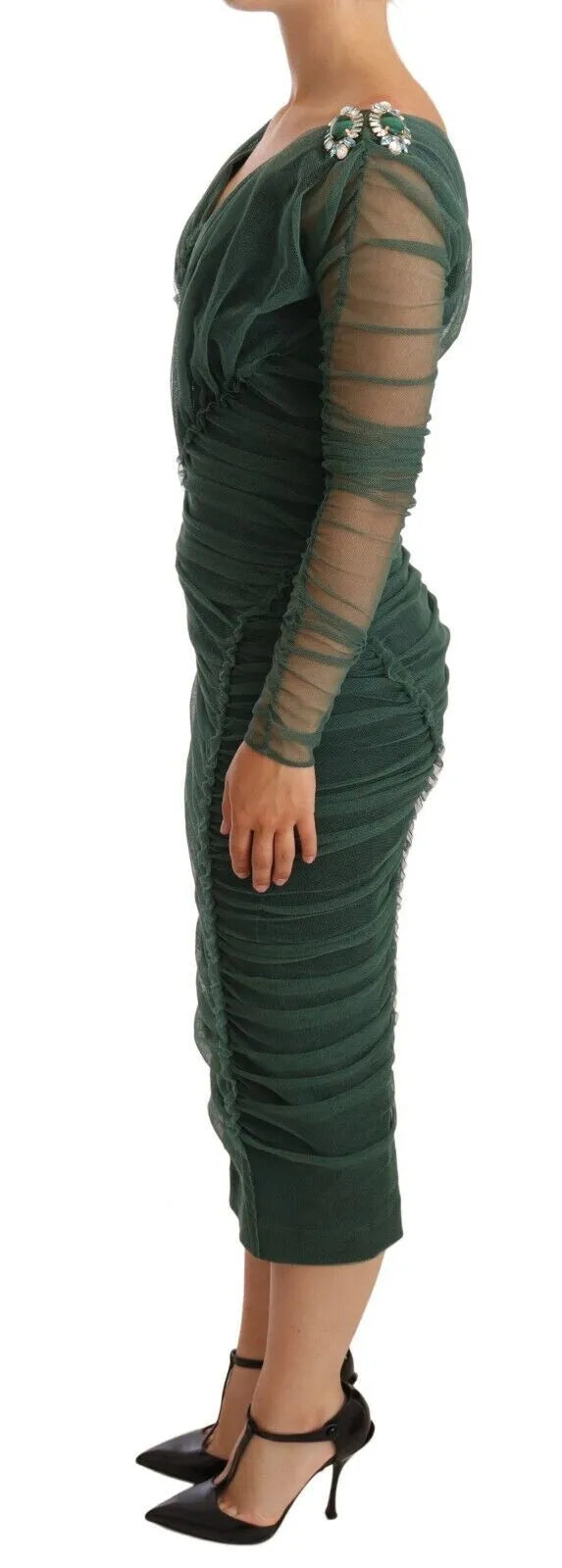 Dolce &amp; Gabbana Green Ruched Stretch Tulle Crystal Midi Dress