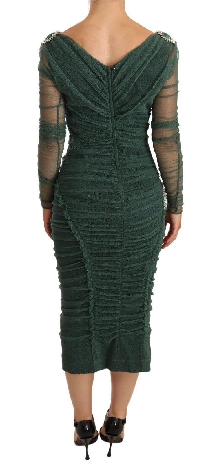 Dolce & Gabbana Green Ruched Stretch Tulle Crystal Midi Dress