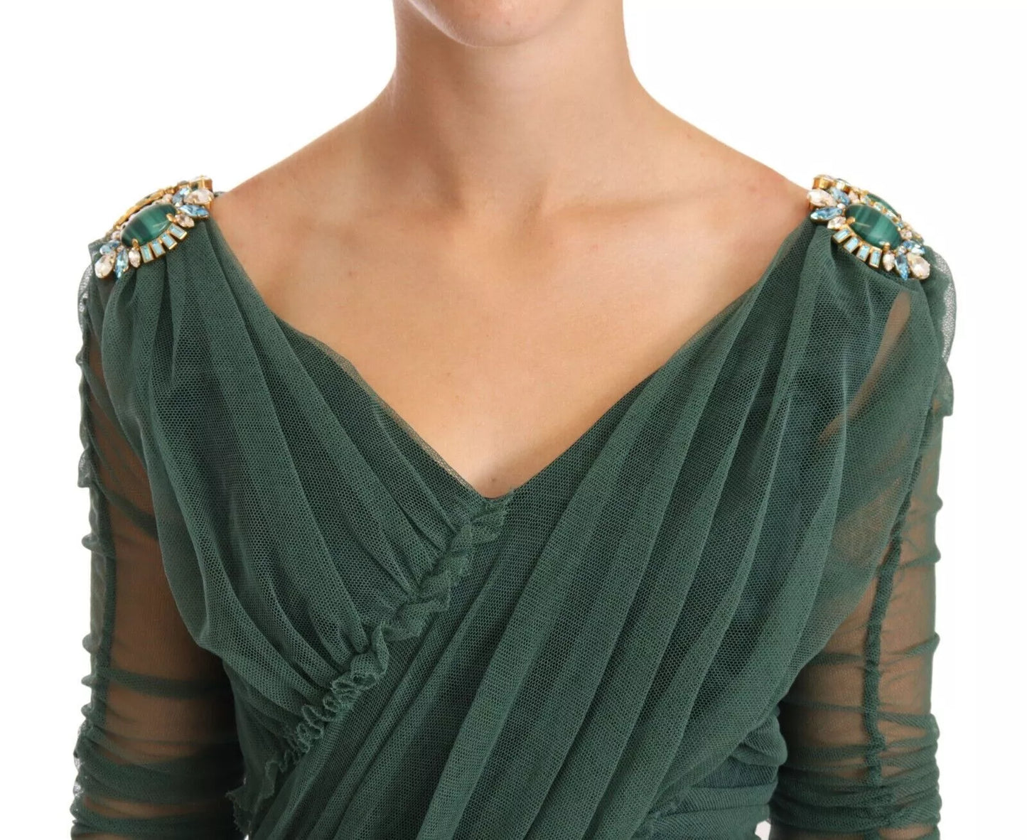 Dolce &amp; Gabbana Green Ruched Stretch Tulle Crystal Midi Dress