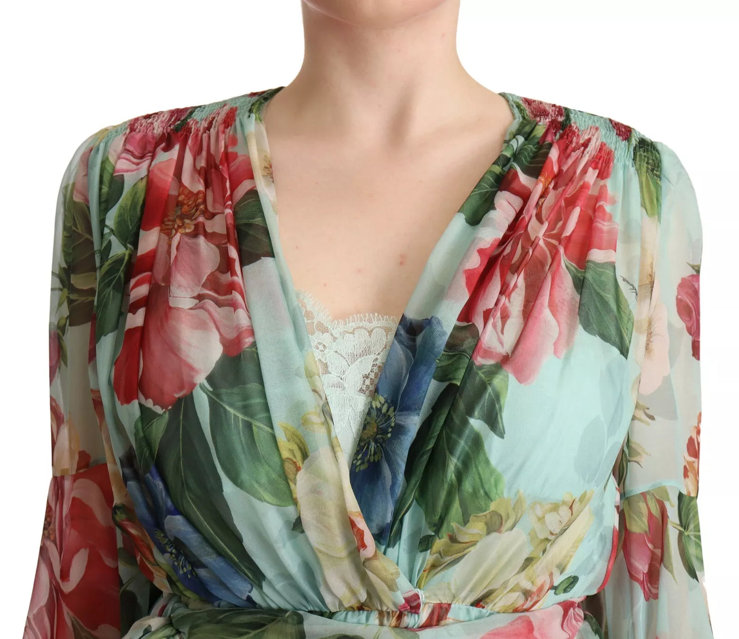 Dolce &amp; Gabbana Multicolor Green Silk Wrap Gown Dress