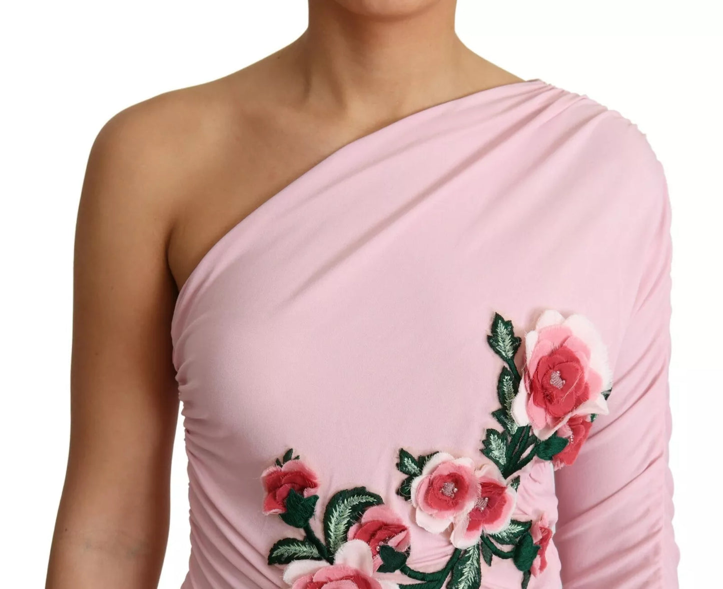 Dolce &amp; Gabbana Pink Flower Embellished One Shoulder Dress