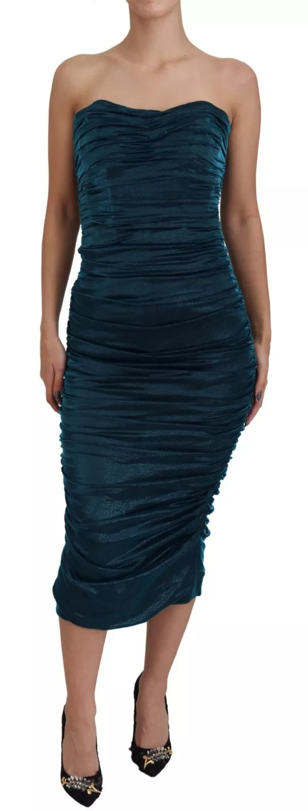 Dolce &amp; Gabbana Silk Blend Blue Satin Fitted Strapless Dress