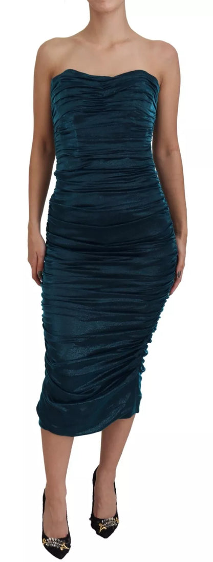 Dolce &amp; Gabbana Silk Blend Blue Satin Fitted Strapless Dress