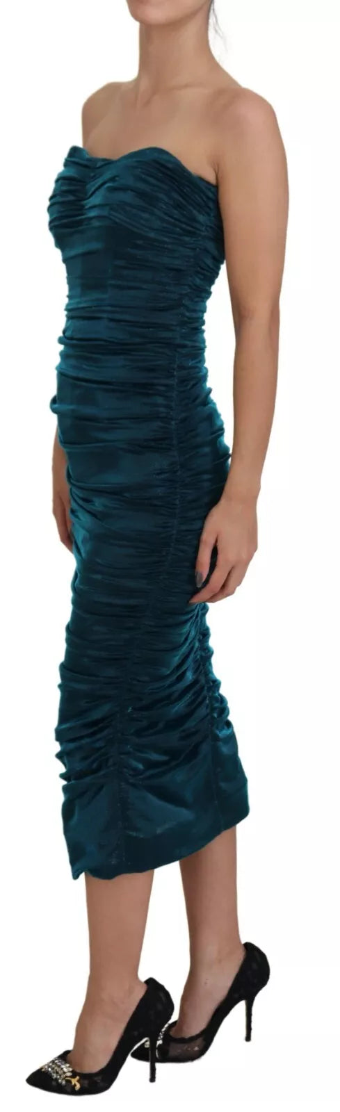 Dolce &amp; Gabbana Silk Blend Blue Satin Fitted Strapless Dress