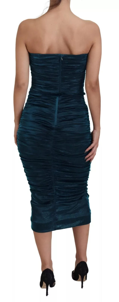 Dolce &amp; Gabbana Silk Blend Blue Satin Fitted Strapless Dress