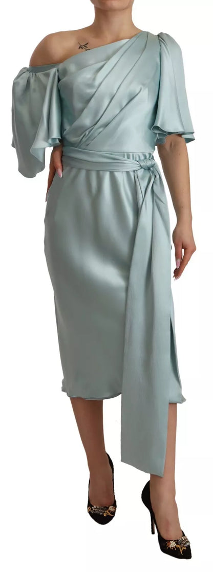 Dolce &amp; Gabbana Silk Mint Green Fit Cut One Shoulder Midi Dress