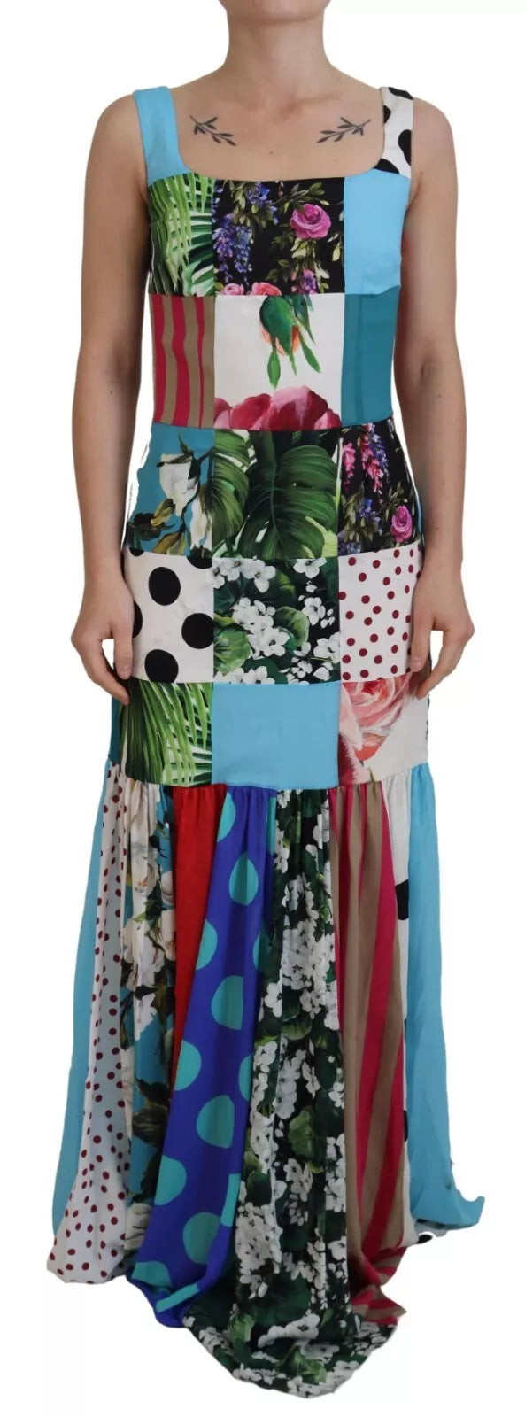 Dolce &amp; Gabbana Silk Multicolor Patchwork Sheath Maxi Dress