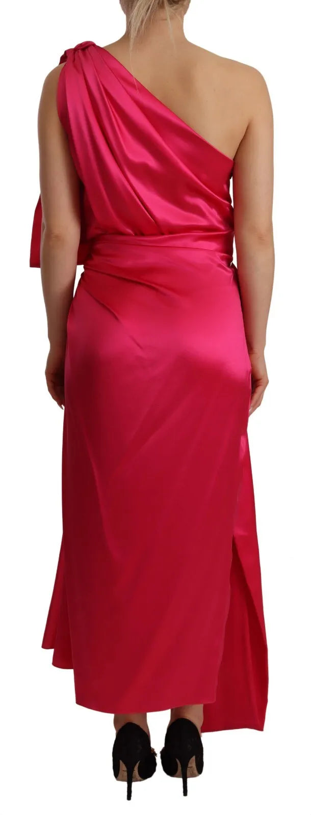 Dolce &amp; Gabbana Silk Pink Fitted Cut One Shoulder Midi Dress