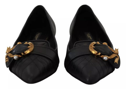 Dolce &amp; Gabbana Black Devotion Leather Pointy Flats Shoes