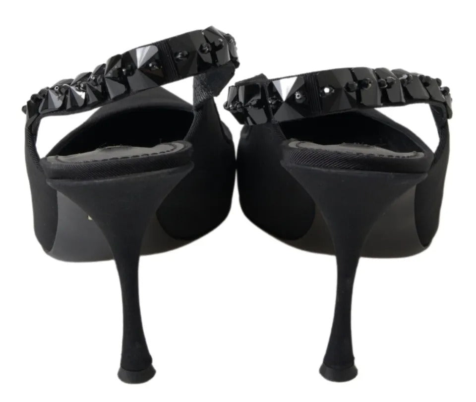 Dolce &amp; Gabbana Black Embellished Charmeuse Slingback Heels Shoes