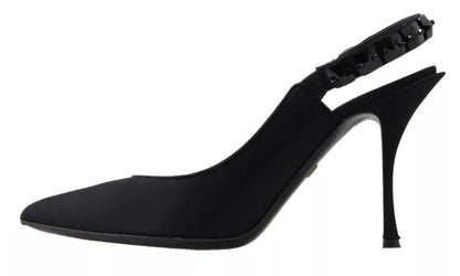 Dolce &amp; Gabbana Black Embellished Charmeuse Slingback Heels Shoes