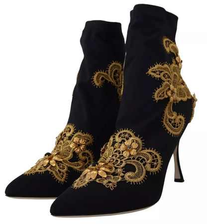 Dolce & Gabbana Black Gold Embroidery Slip On Boots Shoes