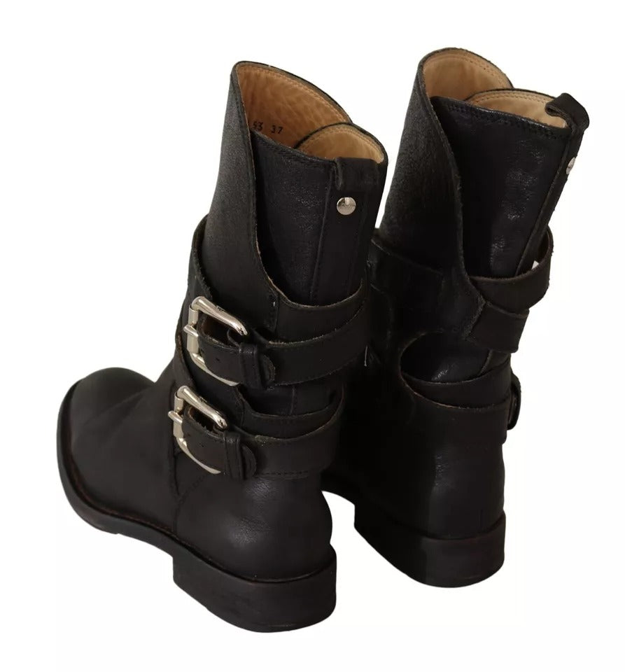 Dolce & Gabbana Black Leather Buckle Mid Calf Boots Shoes