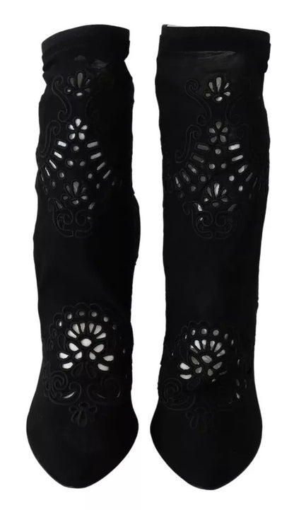 Dolce &amp; Gabbana Black Stretch Pumps Boots Floral Lace Shoes