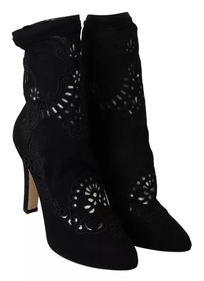 Dolce &amp; Gabbana Black Stretch Pumps Boots Floral Lace Shoes