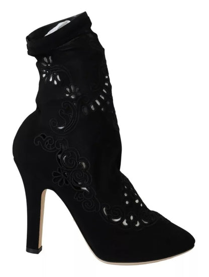 Dolce &amp; Gabbana Black Stretch Pumps Boots Floral Lace Shoes