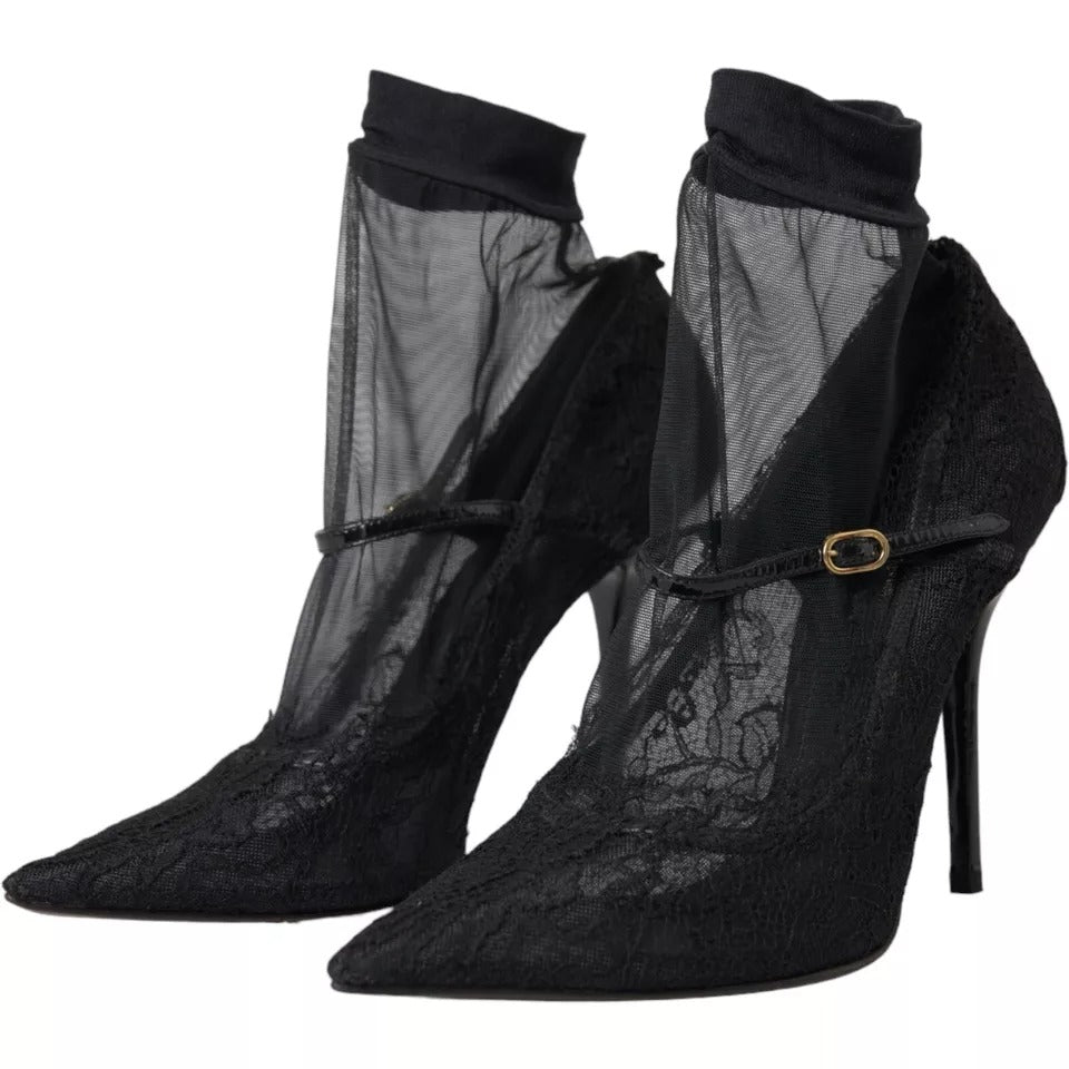 Dolce &amp; Gabbana Black Tulle Stretch Boots Pumps Shoes