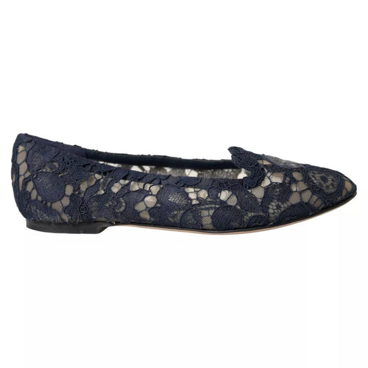 Dolce & Gabbana Dark Blue Taormina Lace Slip On Flats Shoes