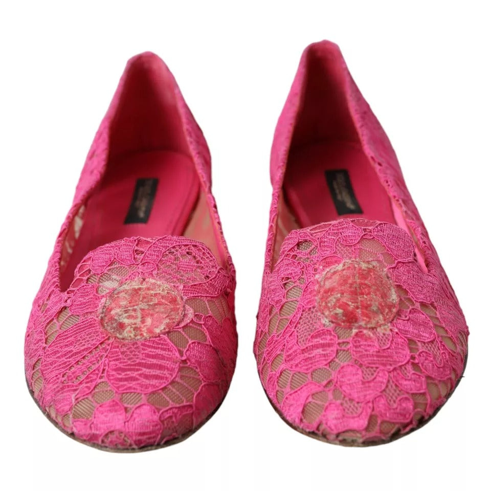 Dolce &amp; Gabbana Pink Taormina Lace Slip On Flats Shoes