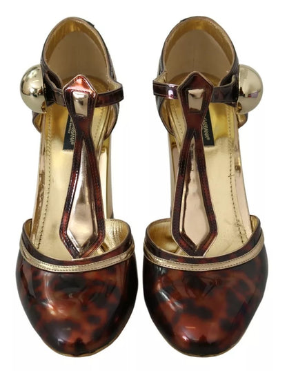 Dolce &amp; Gabbana Gold Leopard T-strap Pumps Sandals Shoes