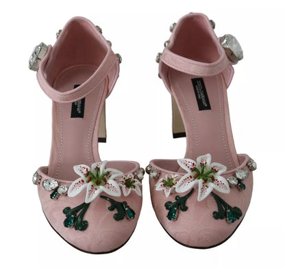 Dolce &amp; Gabbana Pink Brocade Crystal Lily Ankle Strap Shoes