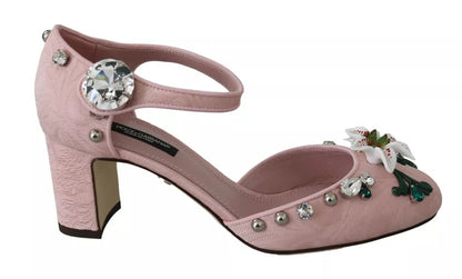 Dolce & Gabbana Pink Brocade Crystal Lily Ankle Strap Shoes