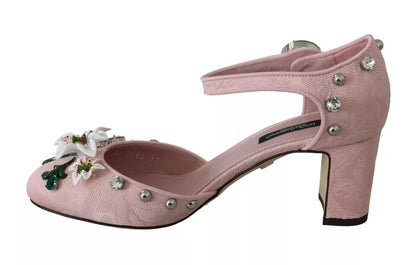 Dolce &amp; Gabbana Pink Brocade Crystal Lily Ankle Strap Shoes