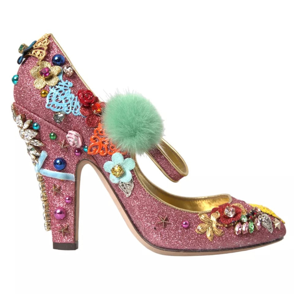 Dolce &amp; Gabbana Pink Embellished Fur Mary Jane Pumps Shoes