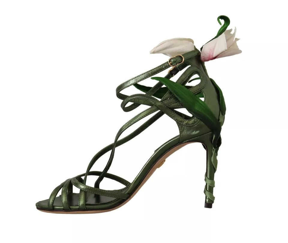 Dolce & Gabbana Acid Green Leather Strappy Flower Heels Sandals Shoes