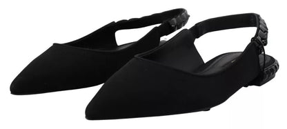 Dolce &amp; Gabbana Black Flats Crystal Slingback Charmeuse Shoes