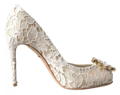 Dolce & Gabbana White Taormina Lace Crystal Heels Pumps Shoes