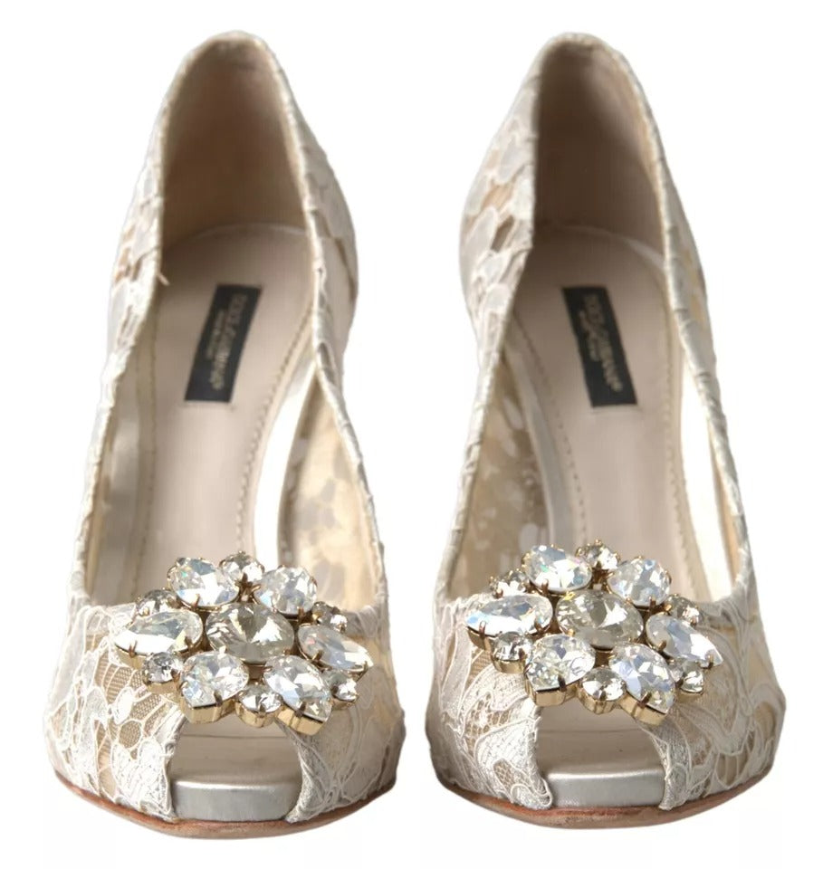 Dolce &amp; Gabbana White Taormina Lace Crystal Heels Pumps Shoes