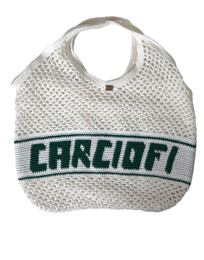 Dolce &amp; Gabbana White Green Knitted Cotton Logo Shopping Tote Bag