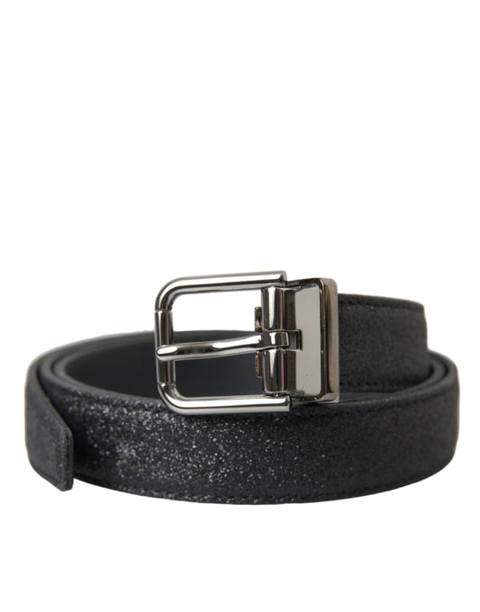 Dolce &amp; Gabbana Black Glittered Leather Silver Buckle Belt