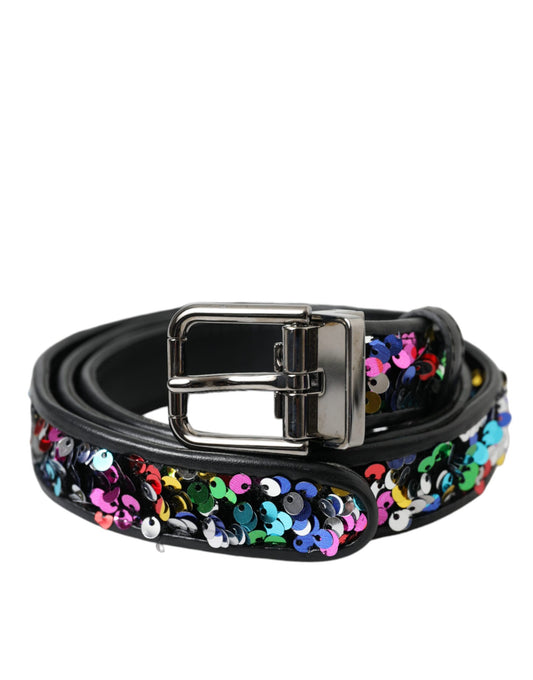 Dolce &amp; Gabbana Black Sequined Silver Metal Buckle Women Belt