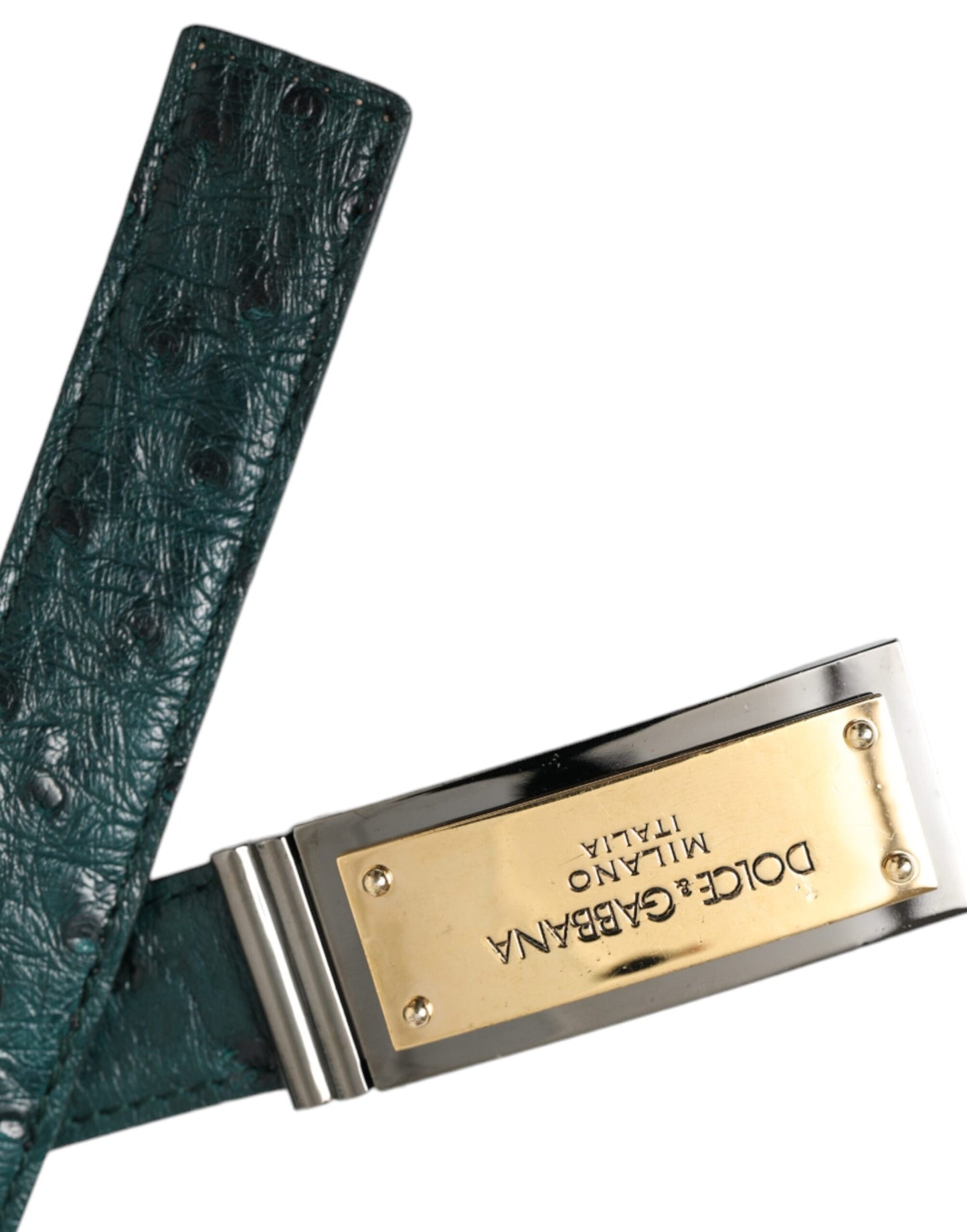 Dolce &amp; Gabbana Green Leather Gold Logo Engraved Buckle Belt