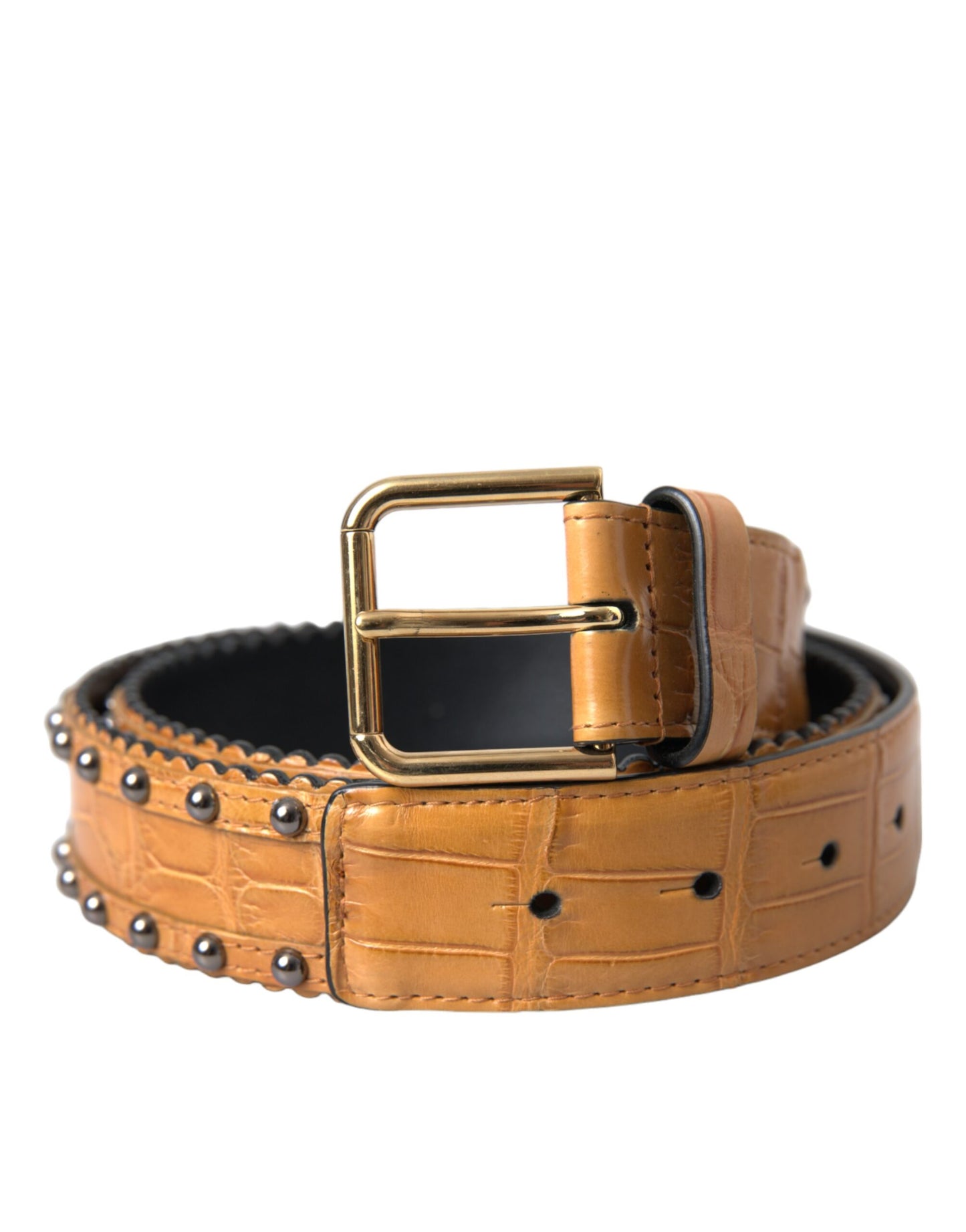 Dolce &amp; Gabbana Beige Alligator Leather Studded Metal Buckle Belt