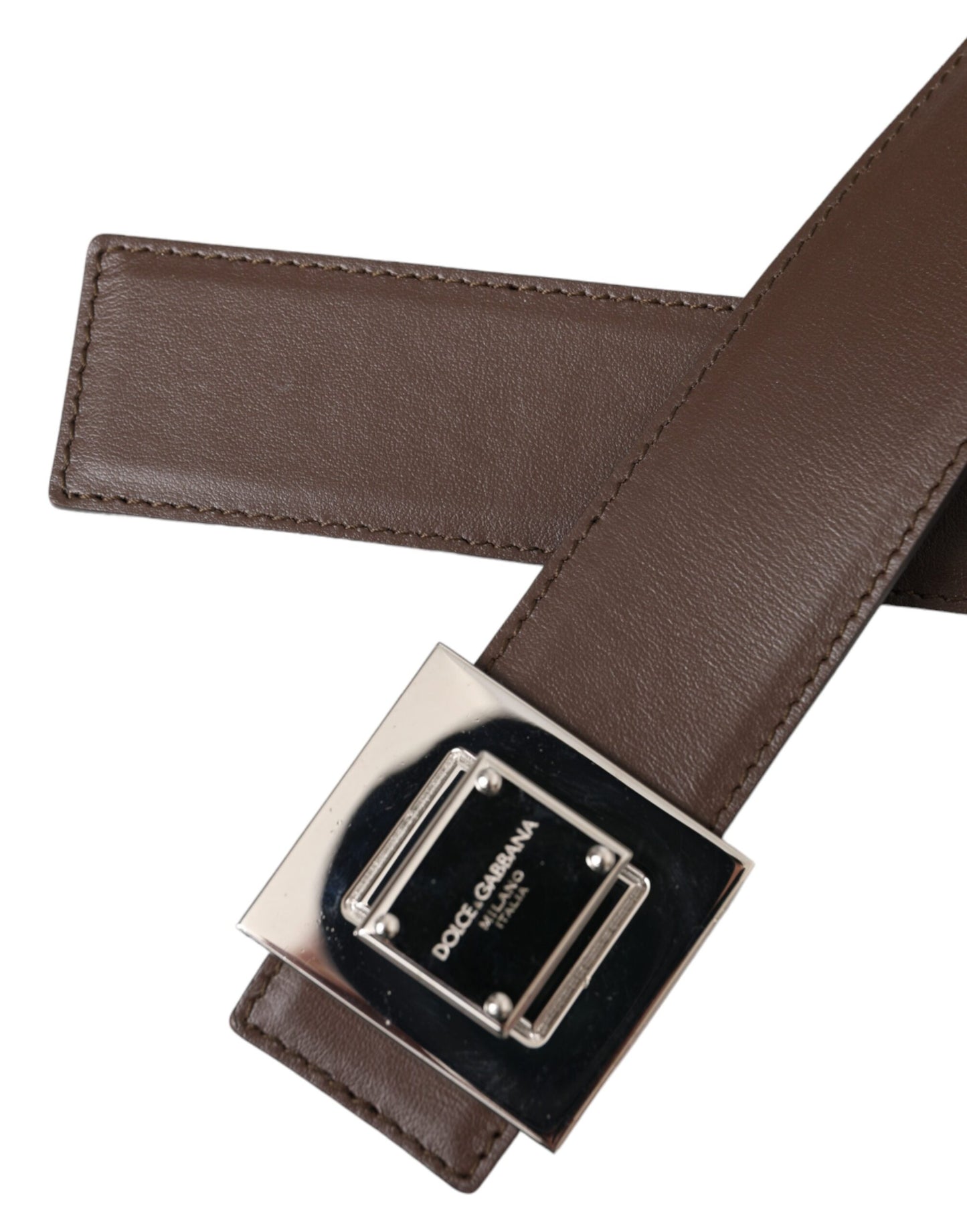 Dolce &amp; Gabbana Brown Calf Leather Square Metal Buckle Belt