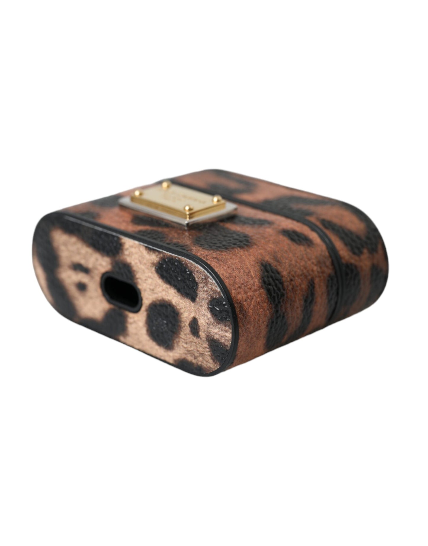 Dolce &amp; Gabbana Brown Leopard Calf Leather Logo Plaque Airpods Case