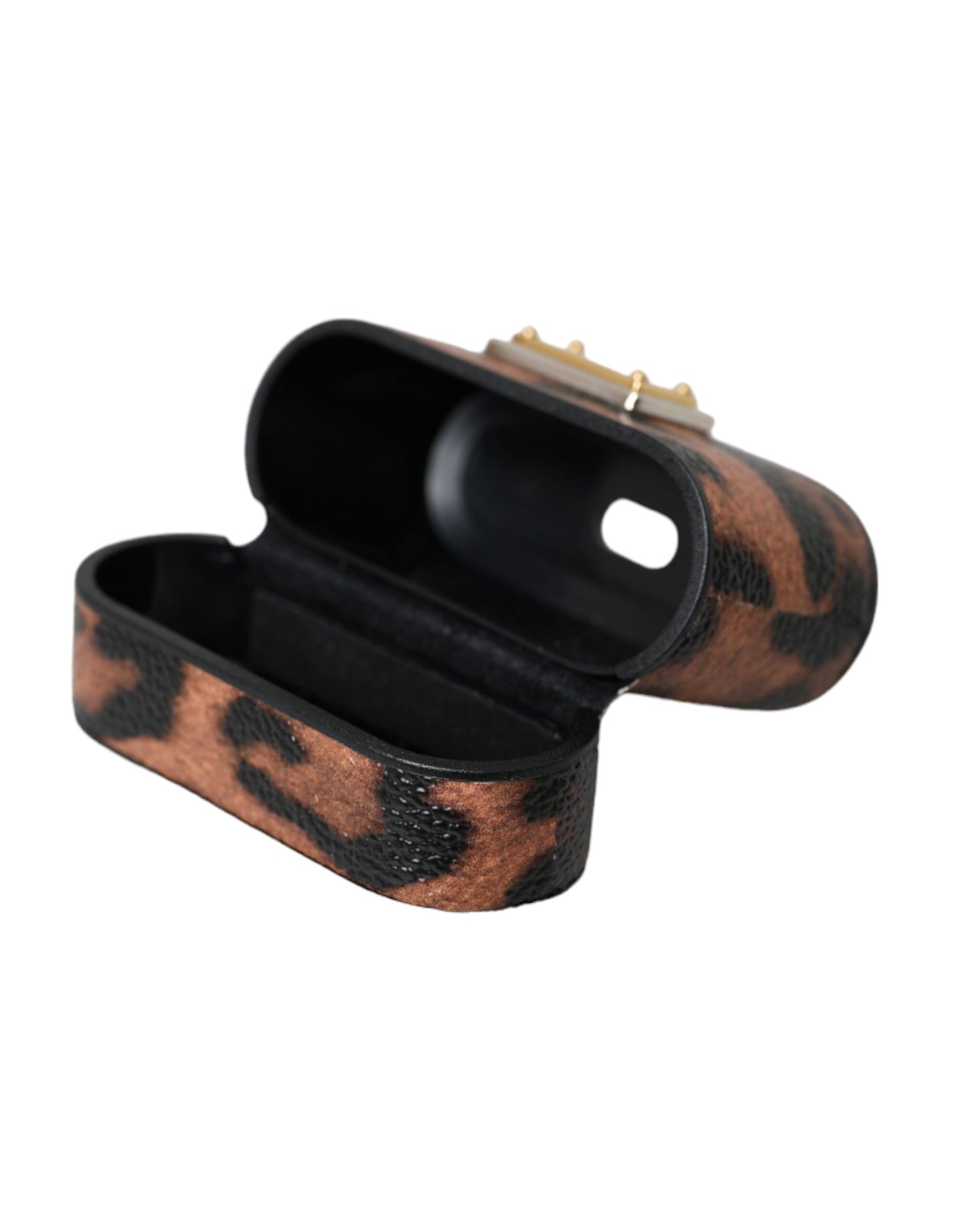 Dolce &amp; Gabbana Brown Leopard Calf Leather Logo Plaque Airpods Case