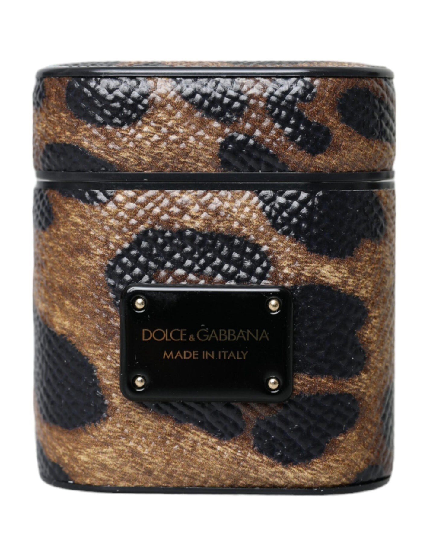 Dolce &amp; Gabbana Brown Leopard Calf Leather Metal Logo Plaque Airpods Case