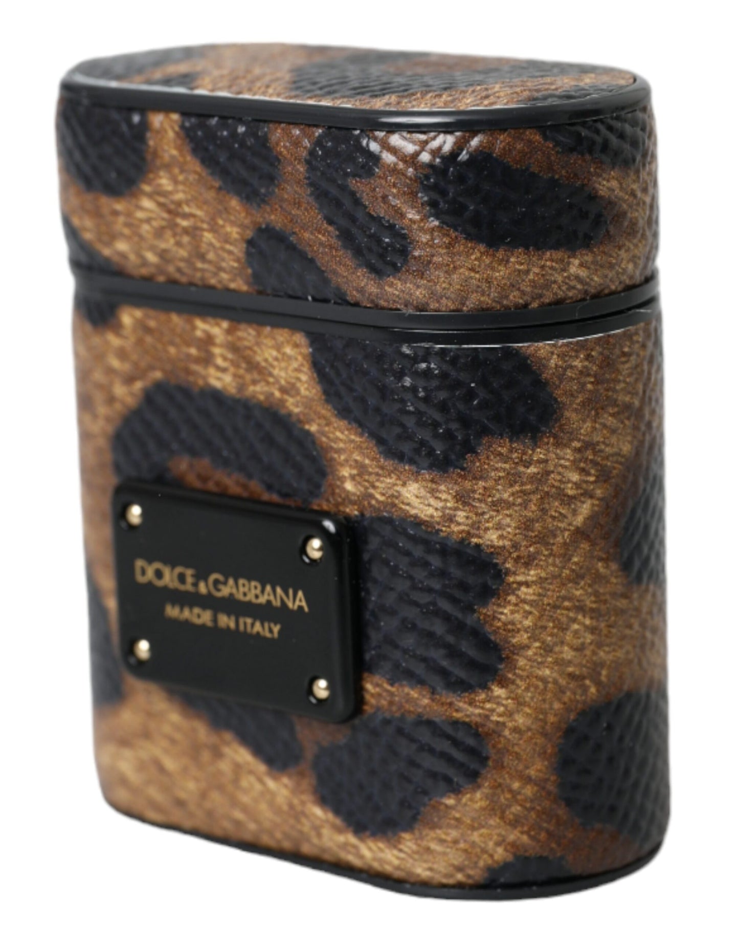 Dolce &amp; Gabbana Brown Leopard Calf Leather Metal Logo Plaque Airpods Case