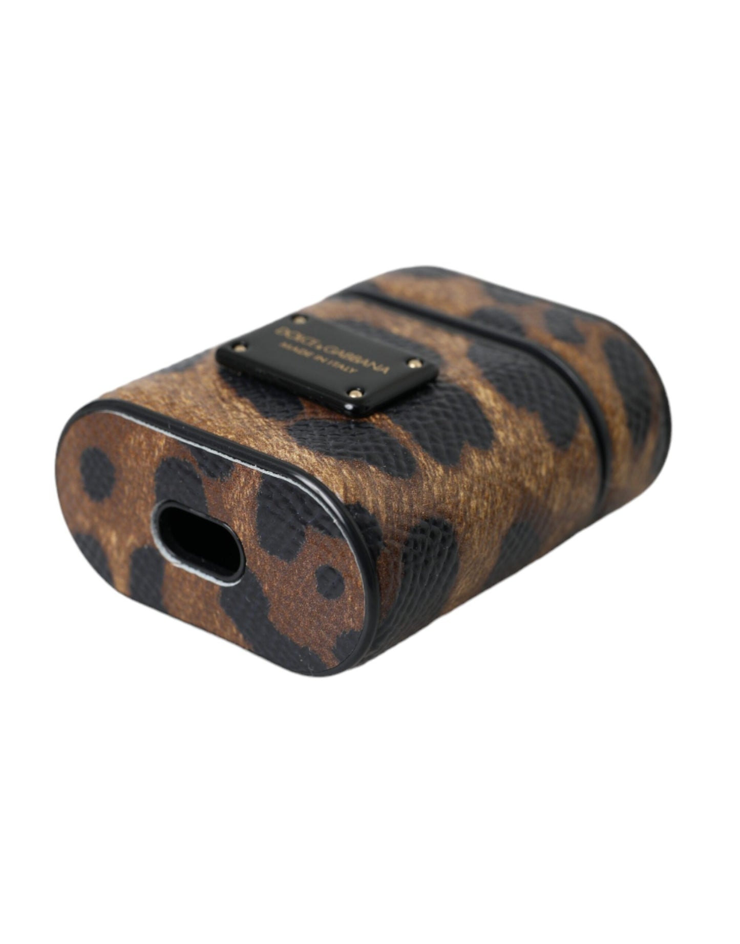 Dolce &amp; Gabbana Brown Leopard Calf Leather Metal Logo Plaque Airpods Case