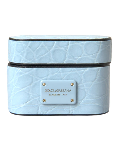 Dolce &amp; Gabbana Light Blue Leather Metal Logo Plaque Airpods Case