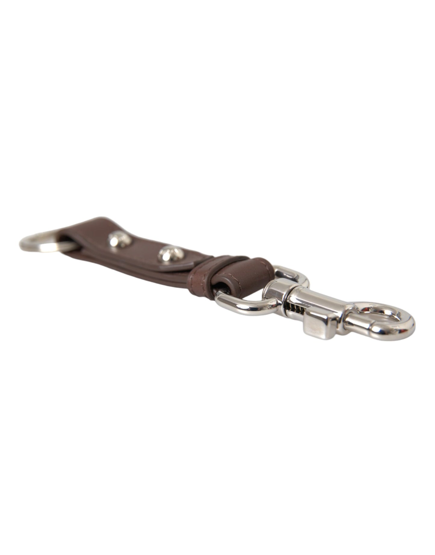 Dolce &amp; Gabbana Brown Plain Leather Silver Brass Keyring Holder Keychain