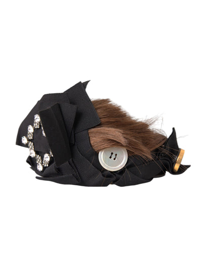 Dolce & Gabbana Black Crystal Button Brown Hair Women Headband Diadem