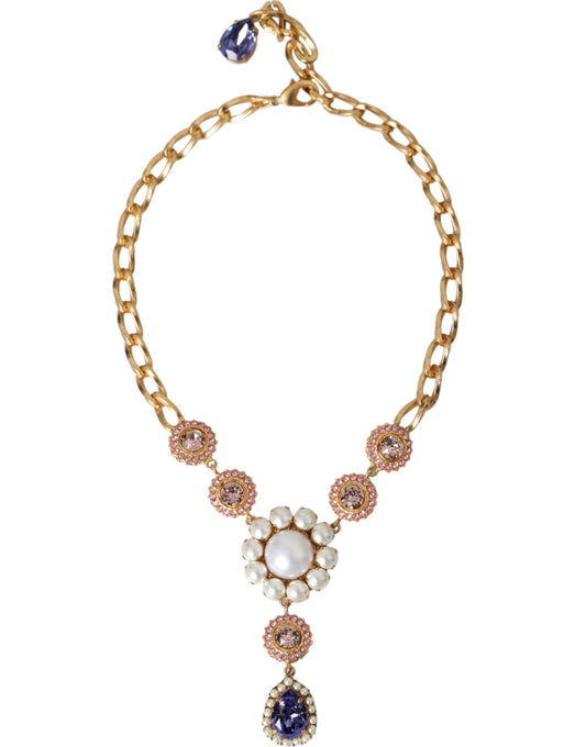 Dolce & Gabbana Gold Brass Crystal Purple Pink Pearl Pendants Necklace