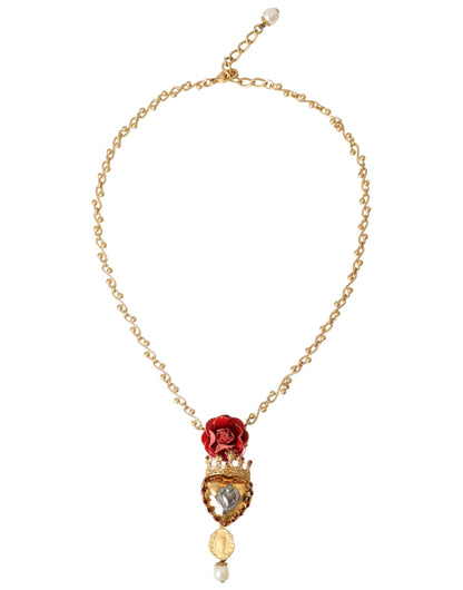 Dolce & Gabbana Gold BrassChain Sacred Heart Rose Crystal Charm Necklace