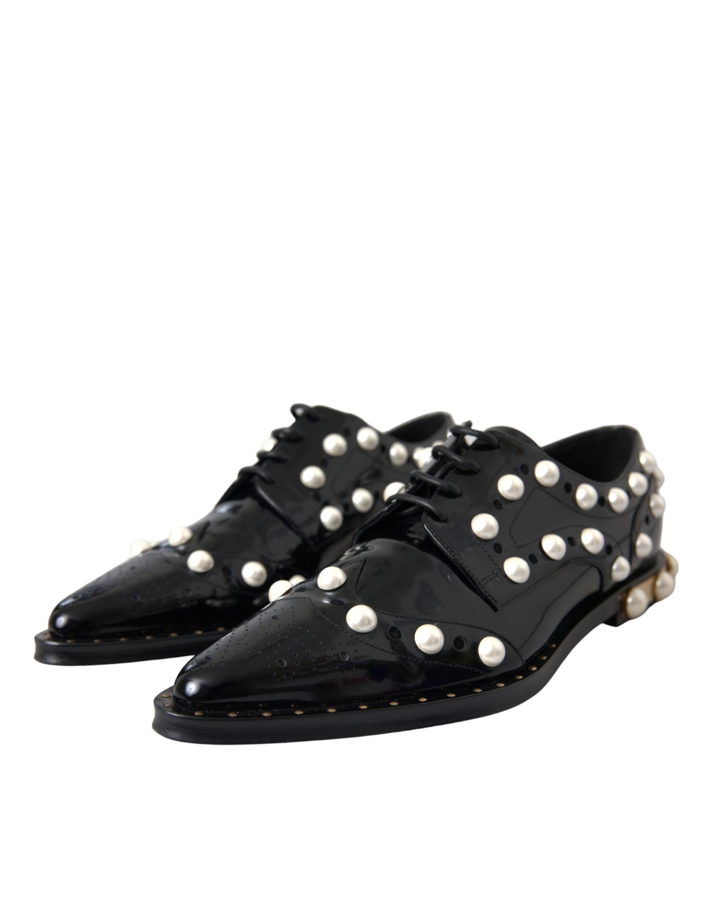 Dolce &amp; Gabbana Black Leather Faux Pearl Dress Broque Shoes