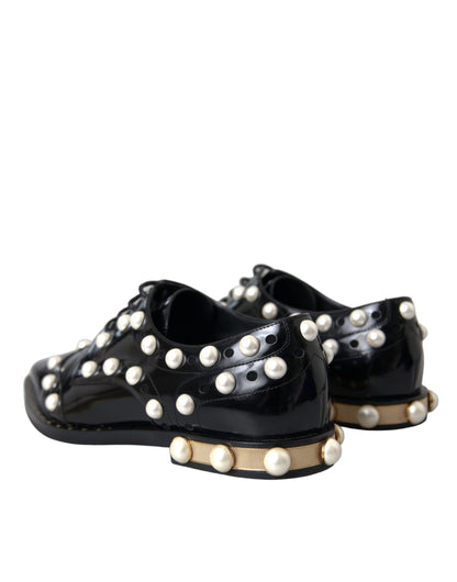 Dolce &amp; Gabbana Black Leather Faux Pearl Dress Broque Shoes